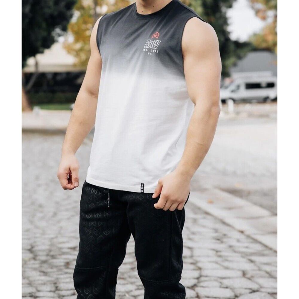 Raw Gear Men's XL Muscle Tank Black White Dip Dye RG339 By Bradley Martyn ✨NEW✨